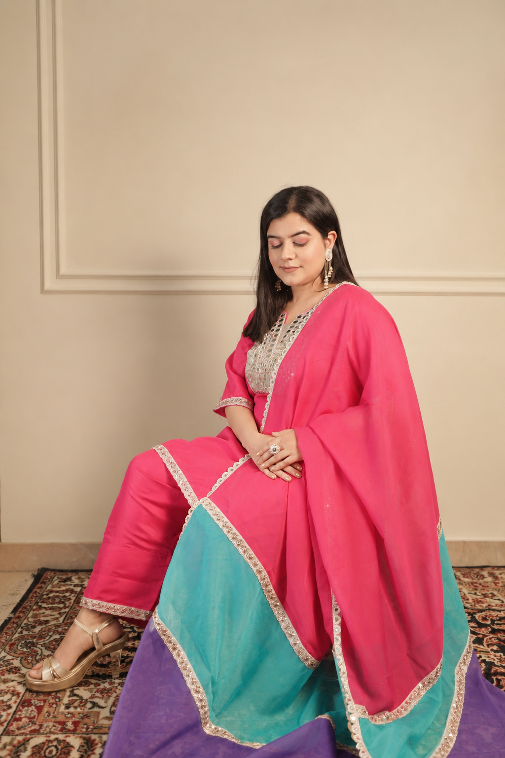 Pure Silk Suit with Farshi Salwar & Multicolour Dupatta (3 piece)