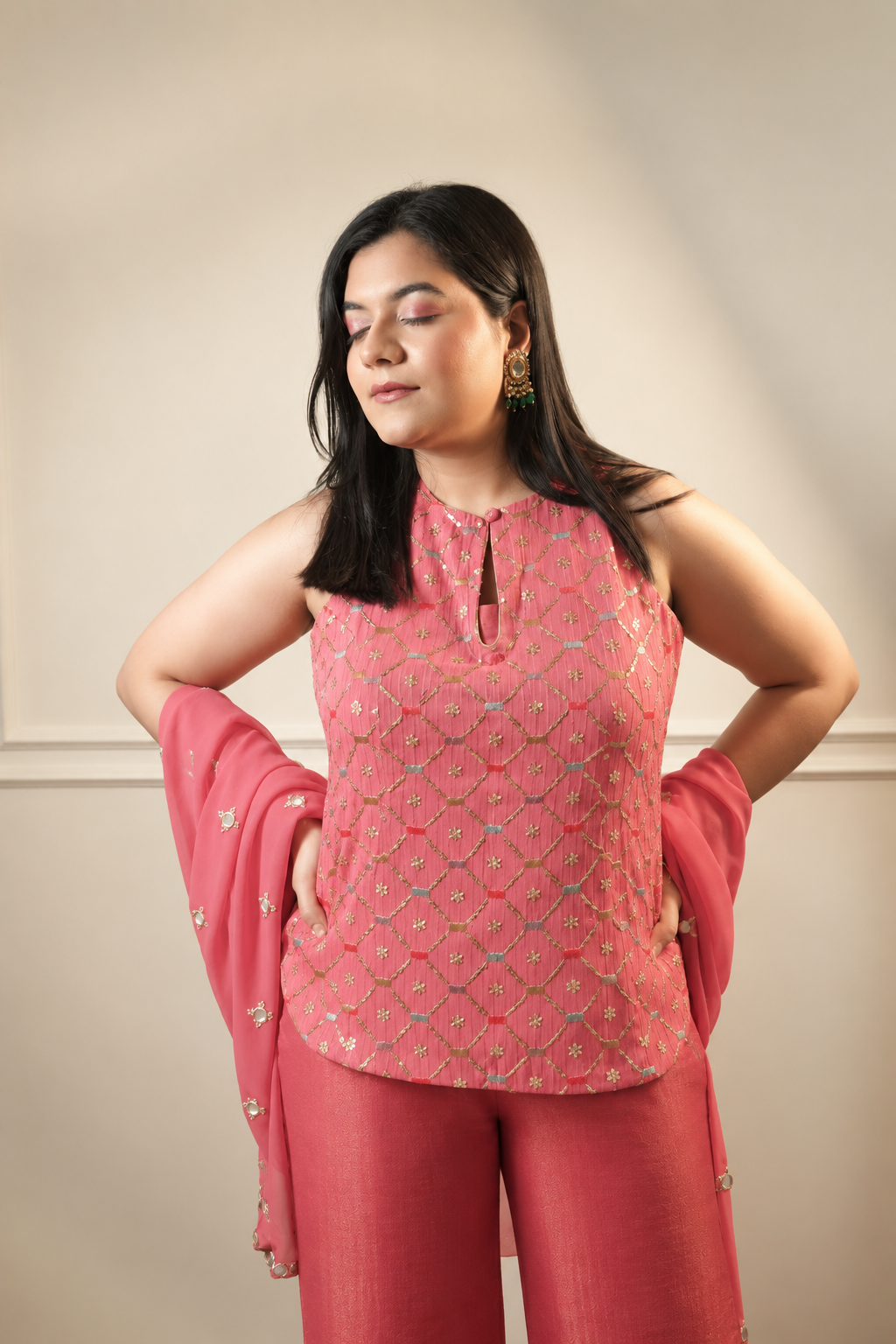 Halter Neck Shirt With Bell Bottom Sharara Set (3 piece)