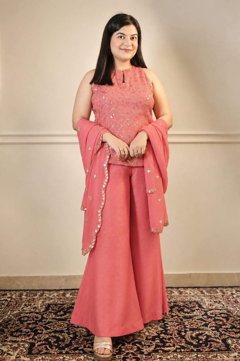 Halter Neck Shirt With Bell Bottom Sharara Set (3 piece)