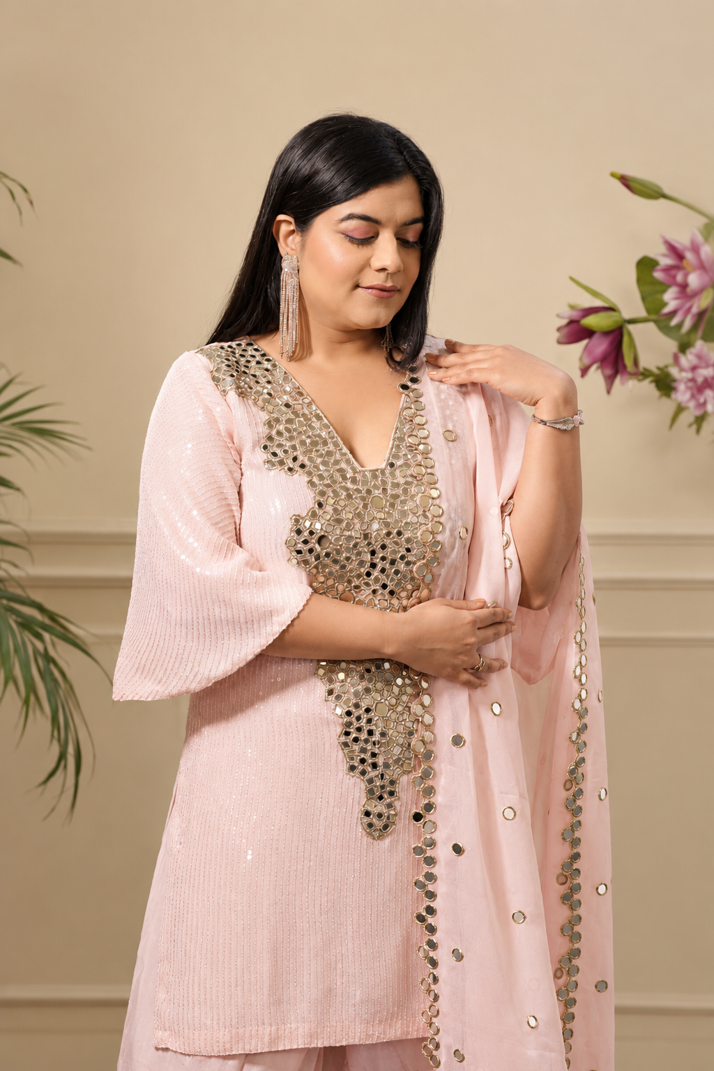 Pink Sharara with Long Kurti & Bell Sleeves (3 piece set)