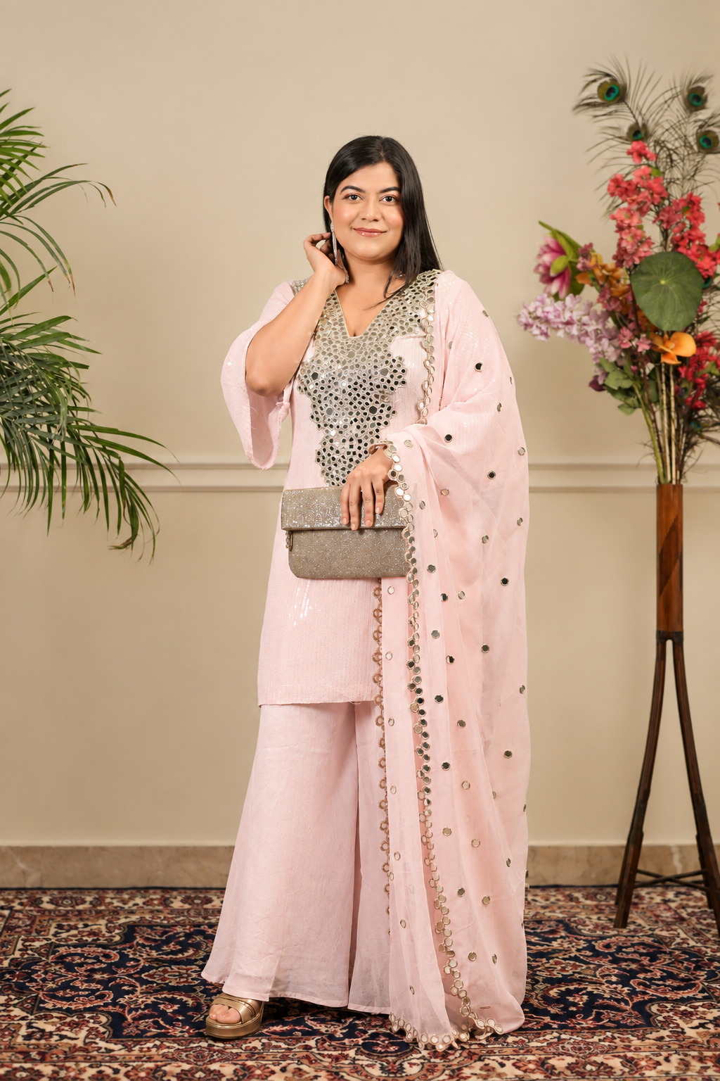 Pink Sharara with Long Kurti & Bell Sleeves (3 piece set)