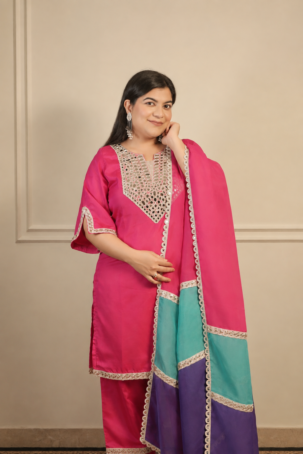 Pure Silk Suit with Farshi Salwar & Multicolour Dupatta (3 piece)