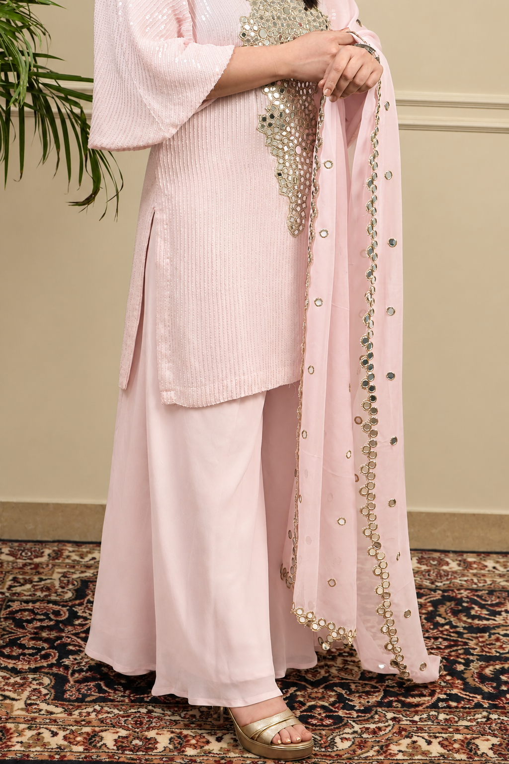 Pink Sharara with Long Kurti & Bell Sleeves (3 piece set)