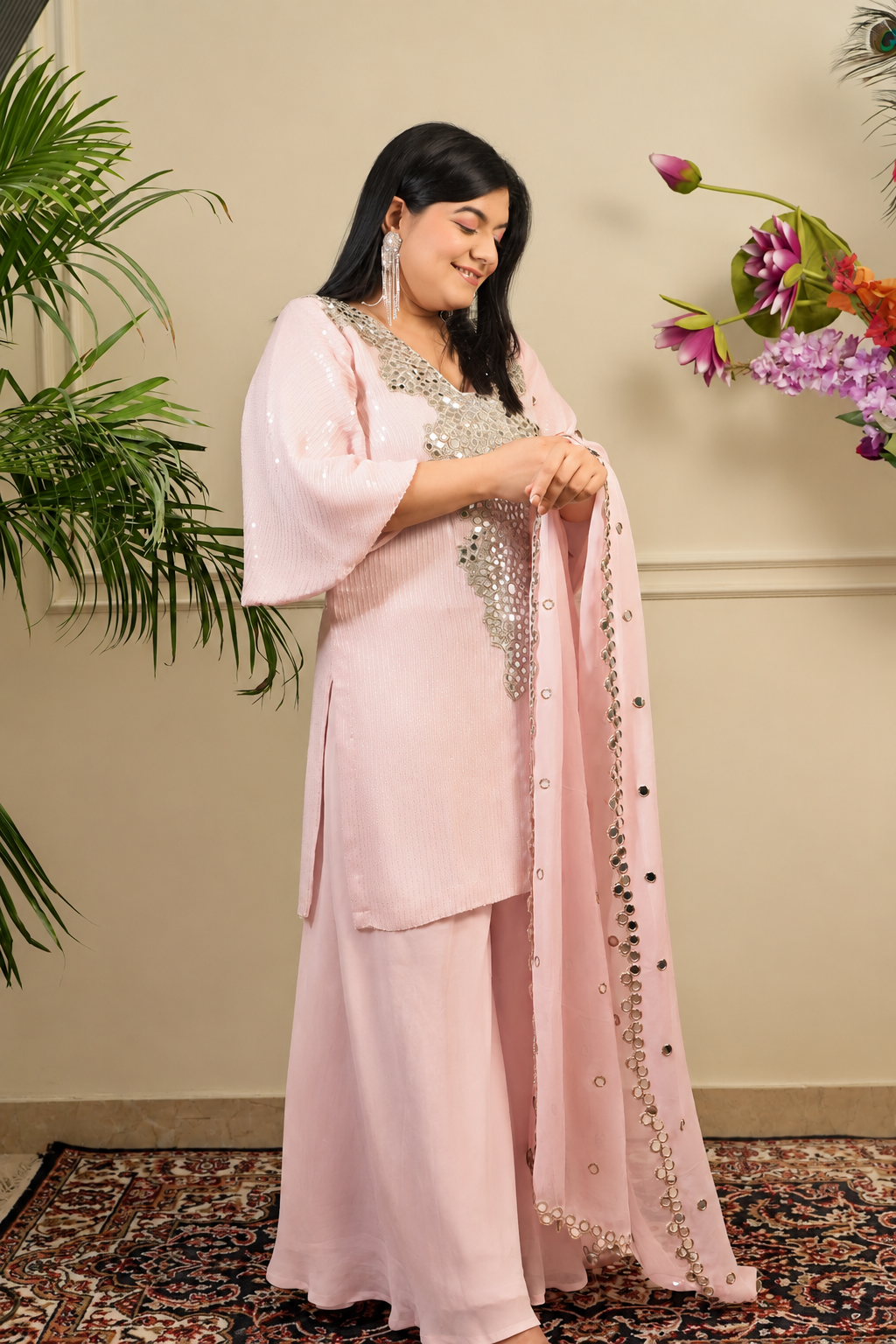 Pink Sharara with Long Kurti & Bell Sleeves (3 piece set)