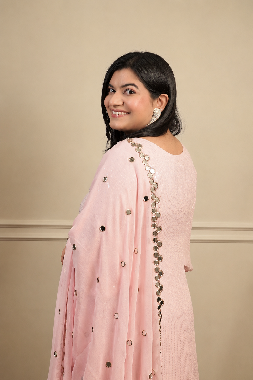 Pink Sharara with Long Kurti & Bell Sleeves (3 piece set)