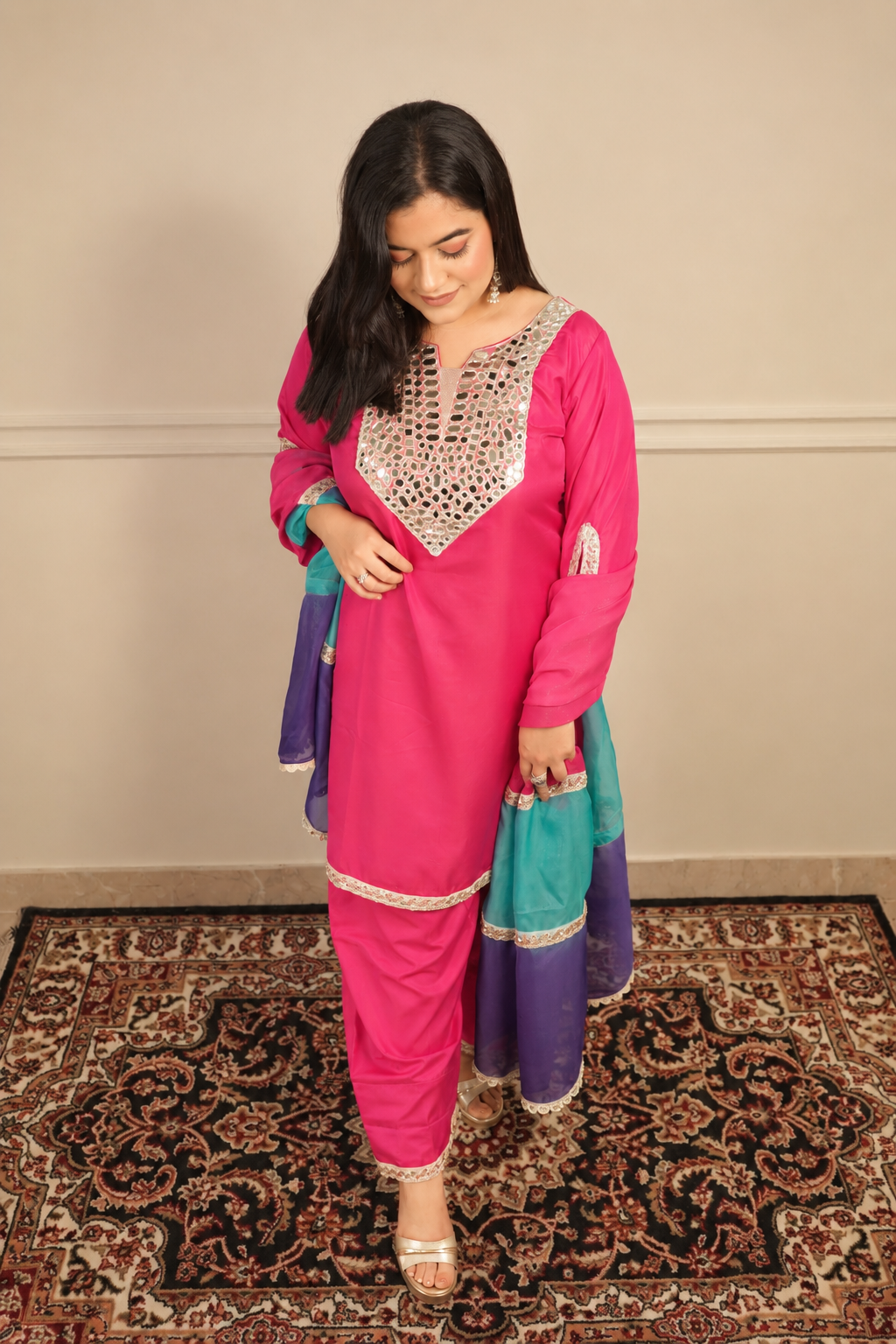 Pure Silk Suit with Farshi Salwar & Multicolour Dupatta (3 piece)